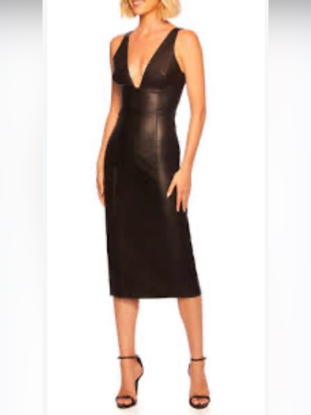 Susana Monaco Black Faux Leather V-Neck Midi Dress